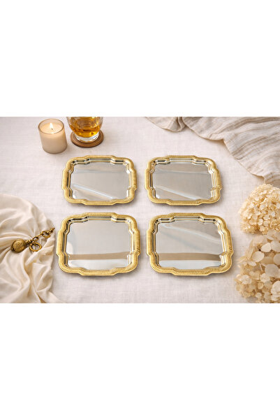 ZucciHome Metal 4'lü Zarif Gümüş Servis Tepsisi 23x23 cm | Kenarları Gold Mod...