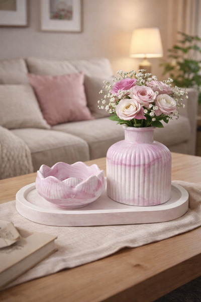 StoneVia Lüks Pembe Mermer Desenli Vazo & Lotus Dekoratif Kase 2’li Set