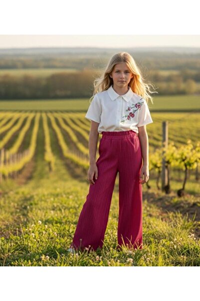 Hilal Akıncı Kids قميص أبيض مطرز بتفاصيل مطرزة للفتيات، طقم مكون من قطعتين بن...