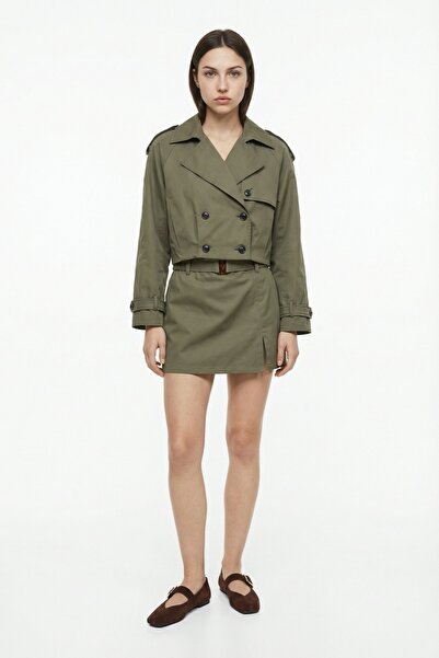 Quzu Belted Front Slit Mini Short Skirt Khaki
