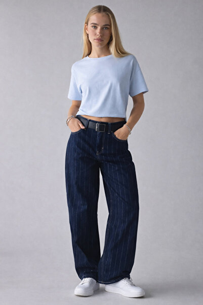 september island Vintage Thabit Lacivert Şeritli Renk Boyfriend Şalvar Denim ...