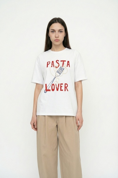 Quzu Tricou supradimensionat cu imprimeu Pasta Lover, alb