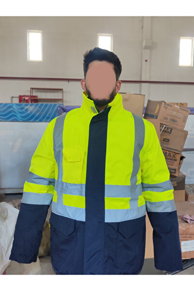 KAYRA LEATHER CRAFT Reflektif Cepli Fosforlu Fermuarlı Kaban Kapüşonlu Mont P...