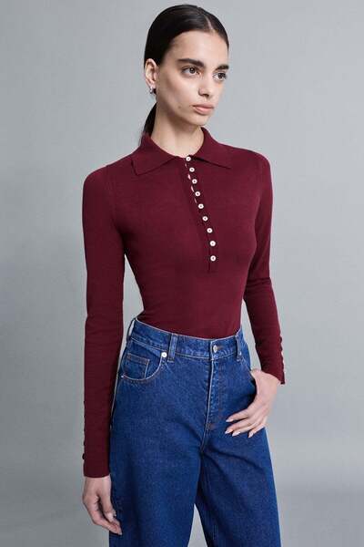 VATKALI Πλεκτή μπλούζα με γιακά πόλο και κουμπιά