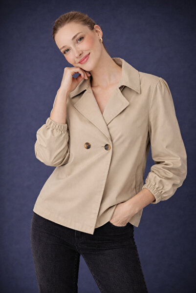 HAKKE Balon Kol Düğmeli Kısa Trençkot