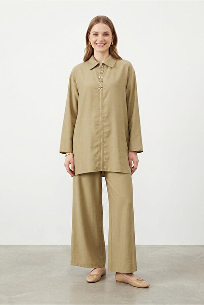 Puane Women's Shirt Collar Zippered Tunic Trouser Set – 14446Tks - Olive