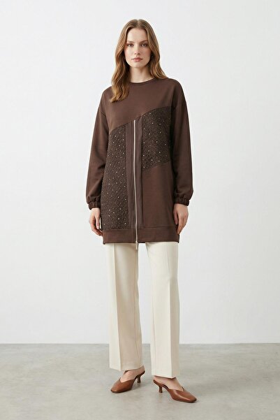 Puane تونيك نسائي مريح بقصة غير متماثلة وتفاصيل سحاب - 10769TUN - بني