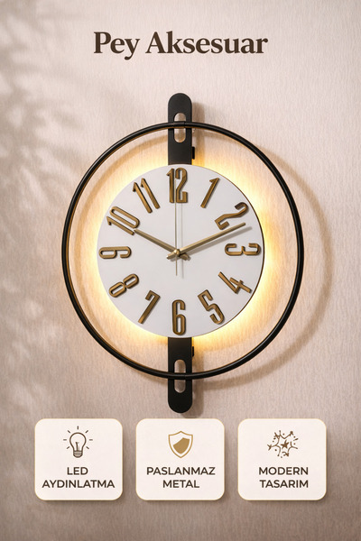 Pey Aksesuar Metal Ahşap Ve Işığın Muhteşem Uyumu Duvar Saati dekoratif