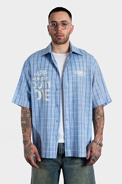 black sample Kareli Oversize Mavi Erkek Gömlek