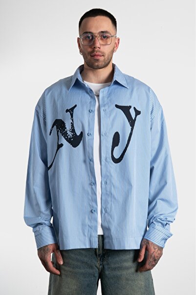 GRJ denim NY Mavi Çizgili Oversize Erkek Gömlek