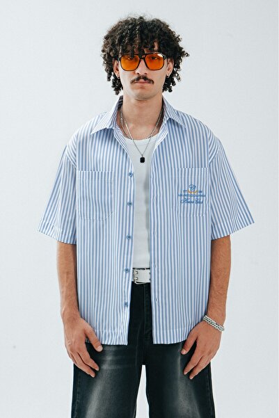GRJ denim Mavi Çizgili Pamuklu Oversize Erkek Gömlek