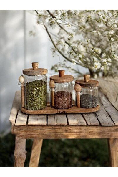 LAVORA Glassya Akasya Kaşıklı Ve Stantlı 3'lü Kavanoz Seti(450 - 550 - 750 ml)