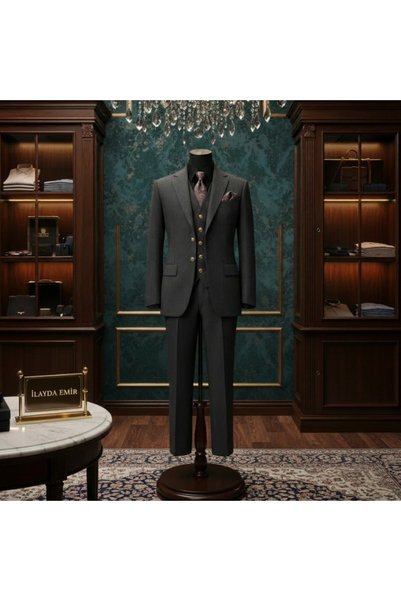 ilayda emir Premium Antrasit Gri Takım Elbise – Erkek Yelekli Slim Fit, Blazer, Kırlangıç Yaka, Altın Düğmeli