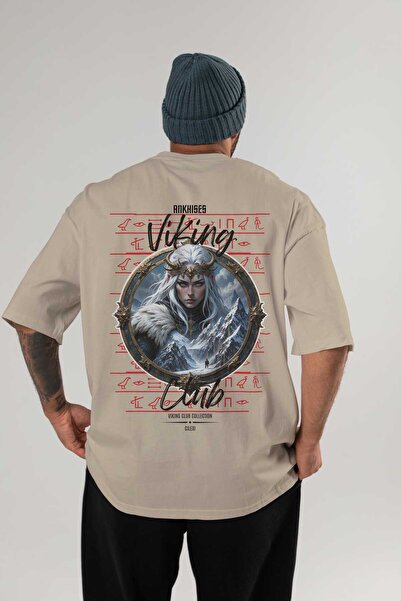 Ankhises Tricou Viking Mythology 19 cu imprimeu pe spate, bej, supradimension...