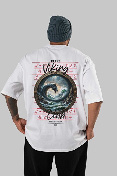 Ankhises Tricou Viking Mythology 26 cu imprimeu pe spate, alb, supradimension...