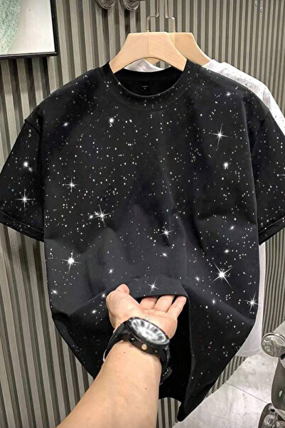 İlayda Toprak Shine Siyah Bisiklet Yaka Simli Kısa Kollu Oversize T-Shirt