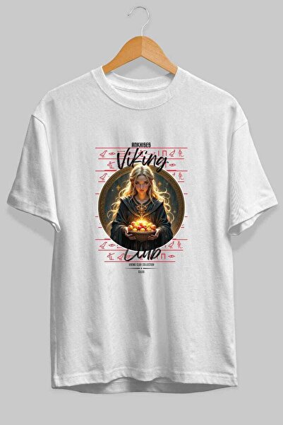 Ankhises Tricou Viking Mythology 16 cu imprimeu frontal, alb, supradimensiona...