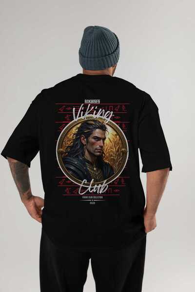 Ankhises Tricou Viking Mythology 2 cu imprimeu pe spate, negru, supradimensio...