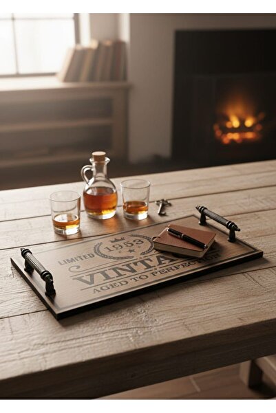 DEVADA HOME Vintage Ahşap Servis Tepsisi Metal Kulplu Dekoratif Retro Sunum T...