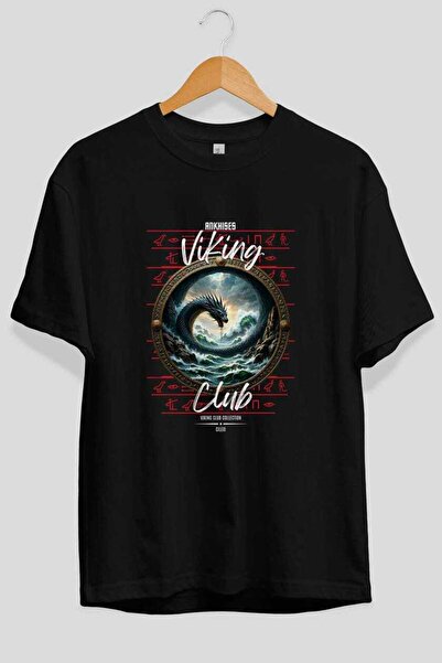 Ankhises Tricou Viking Mythology 26 negru supradimensionat, imprimat în față,...