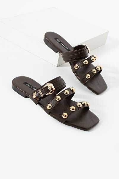 diclepolat Papuci de damă maro cu cataramă și ținte – Papuci de vară cu talpă...