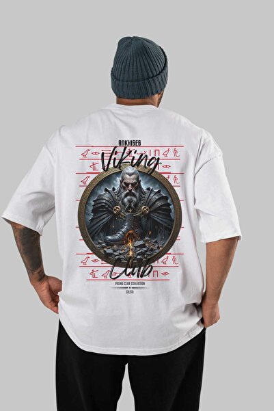 Ankhises Tricou Viking Mythology 22 cu imprimeu pe spate, alb, supradimension...