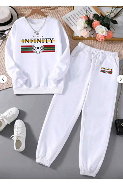 SUNFREE Infinity Printed 3 Yarn White Top and Bottom Set Unisex Sports Set