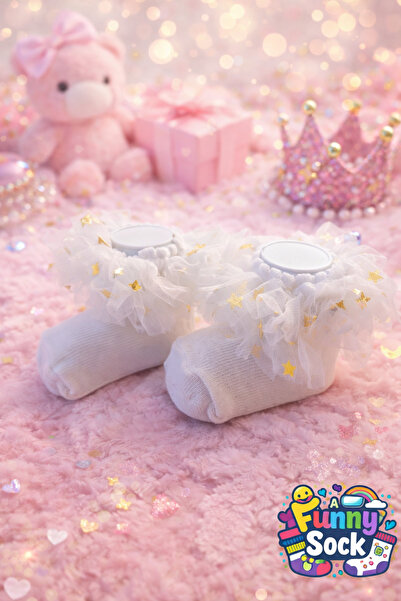 Funnysocksonline Kız Bebek Beyaz Tüllü Yıldızlı Çorap