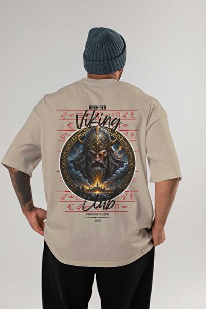 Ankhises Odin 2 Back Printed Beige Oversize T-Shirt Men's Women's Cotton Crew...