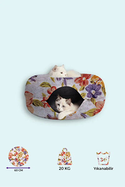 Leventextile Desenli Donut Kedi Tüneli / Desenli Donut Kedi Yatağı / Donat Ke...