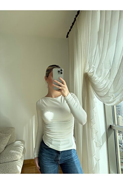 MareandCo Yırtmaç Detaylı Uzun Kollu Basic Ribana Body – Ekru