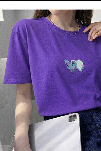 New Shine تي شيرت نسائي أرجواني مطبوع عليه قلب أزرق