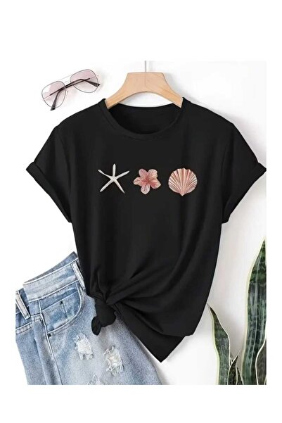 New Shine Sea Shell Printed Black T-Shirt