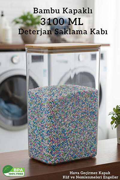 FİTHOME Bambu Kapak Deterjan Saklama Kabı 3.1 Litre Hava Geçirmez Nem Önler -...
