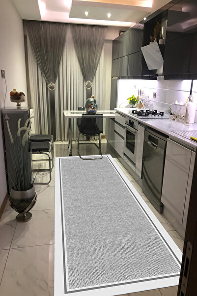VOPTEKS Gri Beyaz Halı Mutfak Halısı Makinede Yıkanabilir Halı Kaymaz Taban Halı