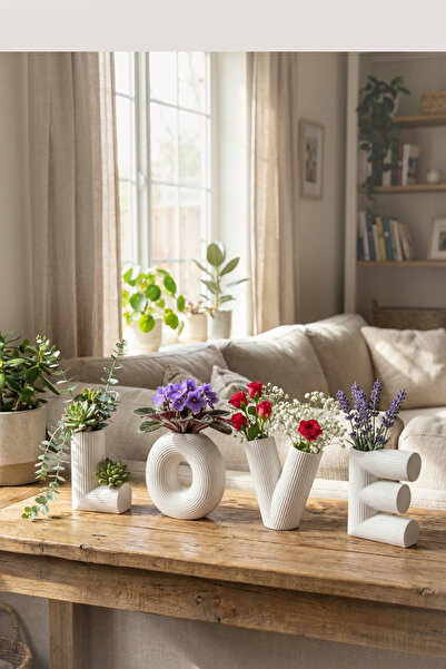 Alvina Atölye Modern Çizgili LOVE Hediyelik Vazo Seti - Minimalist Aşk Temalı...