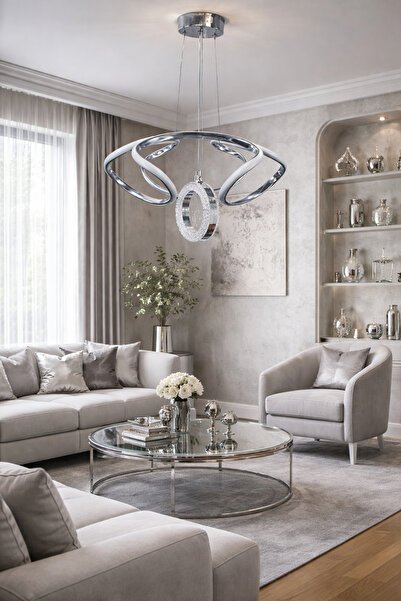 TREND Kafkas Modern Krom LED Sarkıt Avize – Kristal halka Detaylı Tasarım