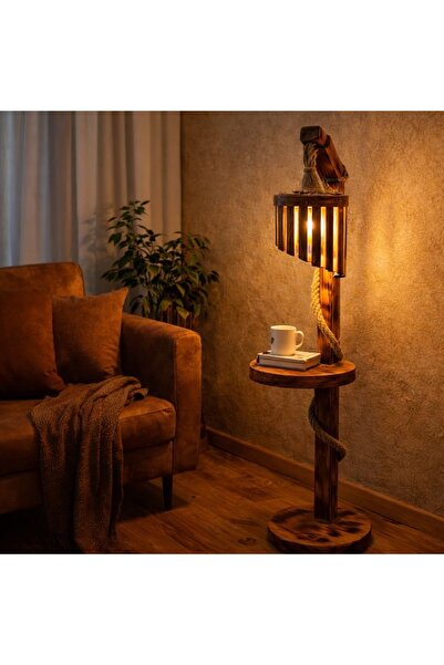 Auro home Rustik Ahşap Halatlı Lambader – El Yapımı Yanık Dokulu Raflı Dekora...