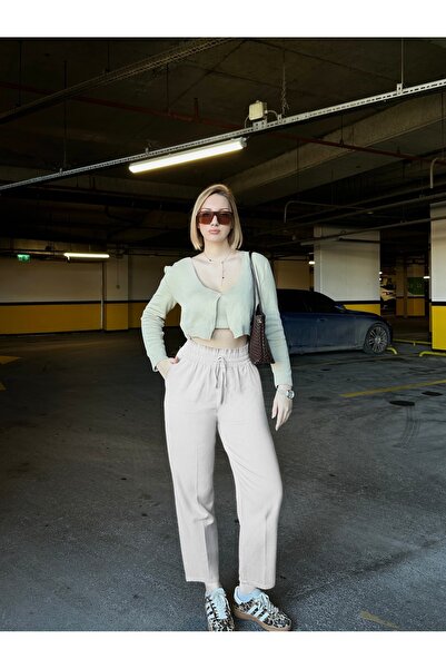 FİOXCO Women's High Waist Pocket Detailed Pipe Leg Gabardine Fabric Trousers