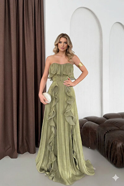 zoezoe Straplez Volanlı Yırtmaçlı Şifon Abiye Elbise