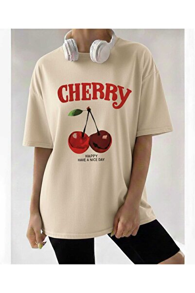 New Shine Cherry Printed Beige T-Shirt