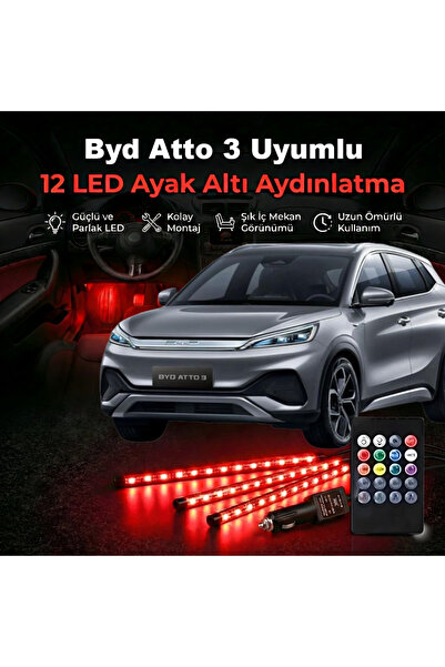 STS Oto Aksesuar Byd Atto 3 Uyumlu RGB Ayak Altı LED 12 Led Kumandalı Müzik D...