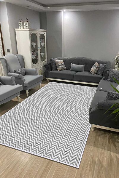 VOPTEKS Gri Beyaz Halı Salon Halısı Makinede Yıkanabilir Halı Kaymaz Taban Halı