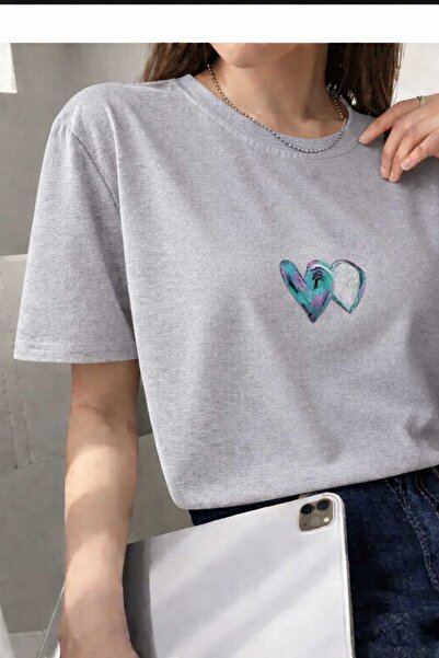 New Shine Blue Heart Printed Women's Gray T-Shirt