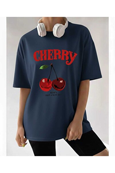 New Shine Cherry Printed Saks Blue T-Shirt