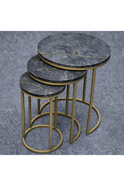 Riyes Tasarım Dünya Model 3’lü Zigon Sehpa Seti –Eskitme Gold Metal Ayaklı – ...