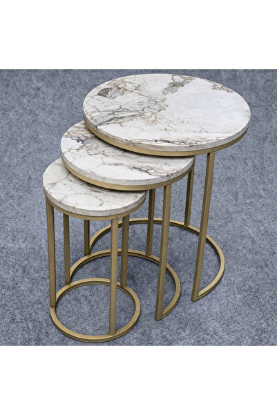 Riyes Tasarım Dünya Model 3’lü Zigon Sehpa Seti –Eskitme Gold Metal Ayaklı – ...