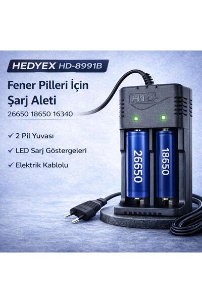Hedyex HD-8991B Fener Pili Şarj Aleti 2li 26650 18650 16340 Piller İçin Şarj ...
