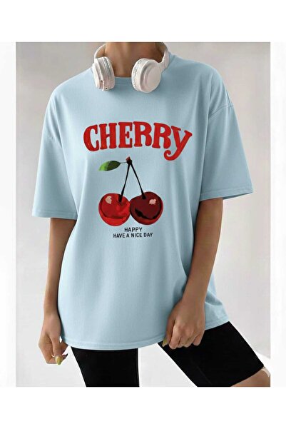 New Shine Cherry Printed Baby Blue T-Shirt