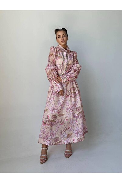 Julidress Stone Embellishment Detailed Belted Premium Design Linen Dress